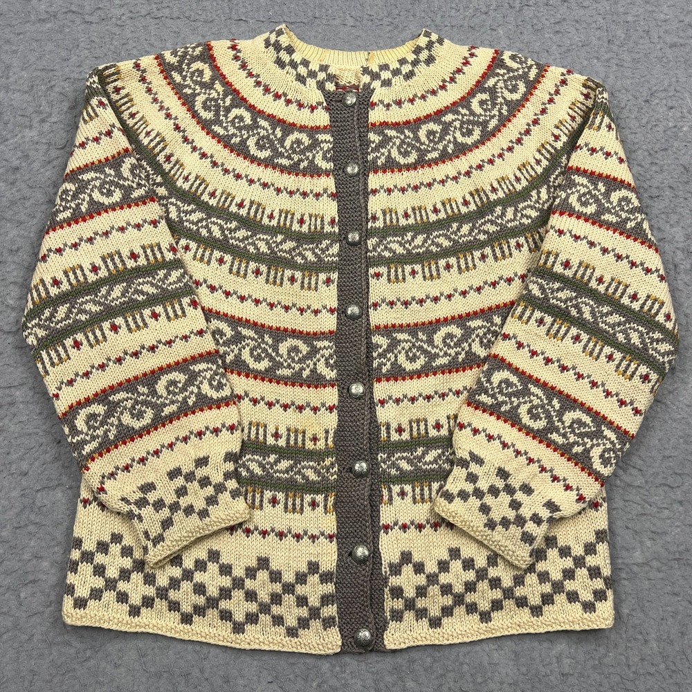VTG Nordic Cardigan Womens Large* Norwegian Sweater Beige Fair Isle Wool Button